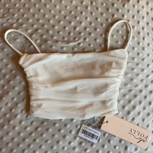 OH POLLY White Ruched Spaghetti Sleeve Crop Cami